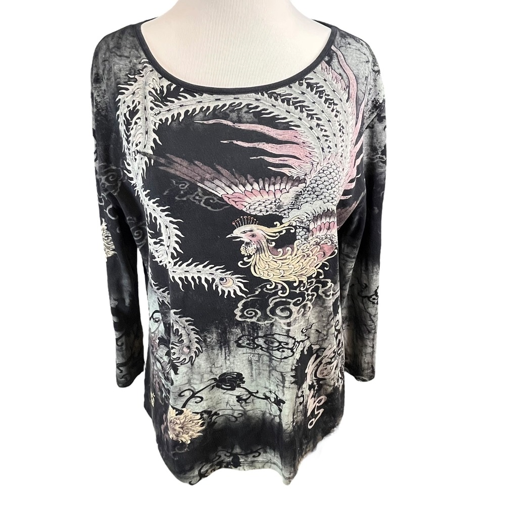 Katina Marie Women's whimsical‎ Peacock Print Long Sleeve Top Black Large